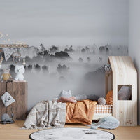 Misty forest with clouds in monochrome wall art.