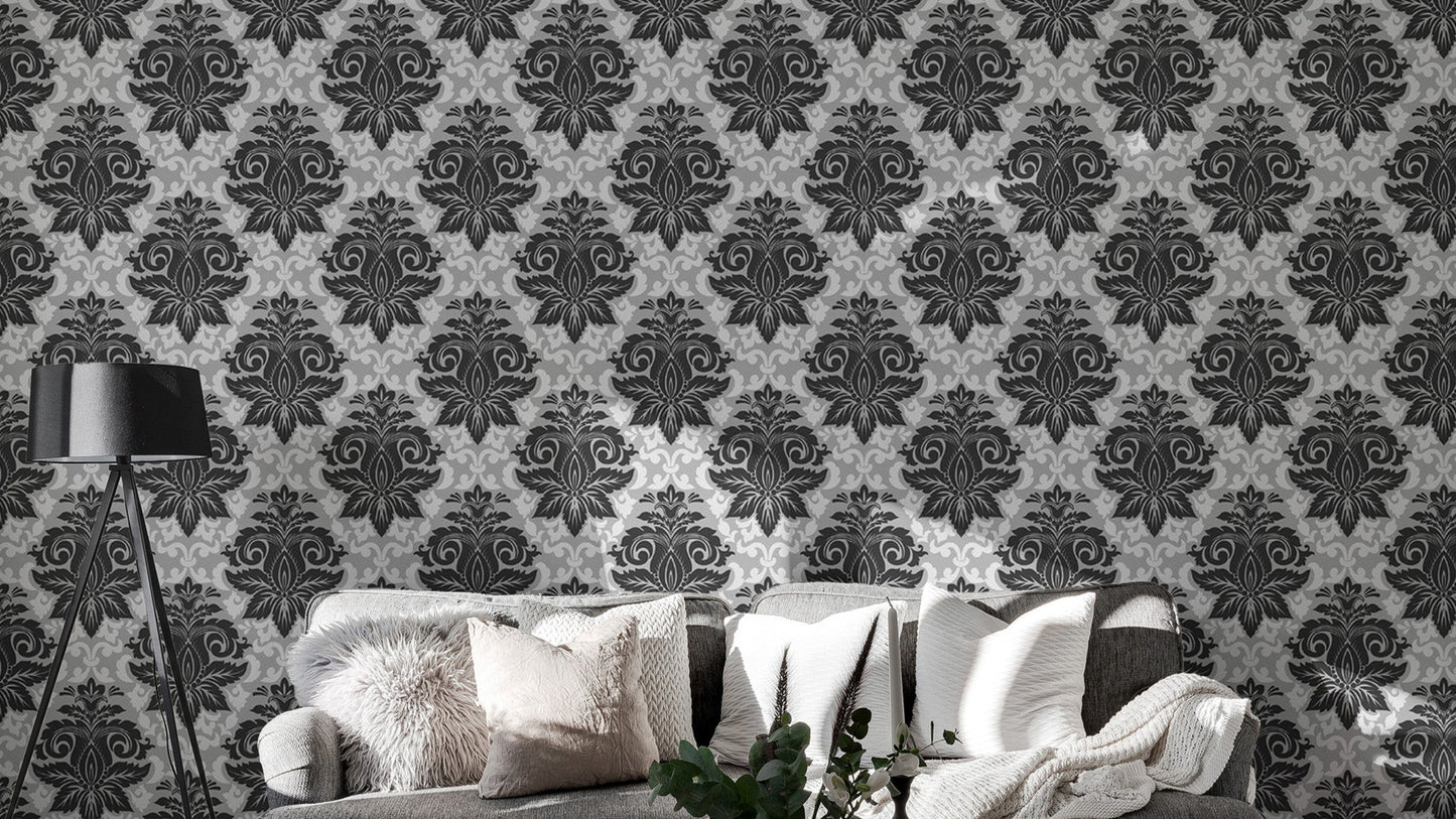 Black and white damask pattern wallpaper mural
