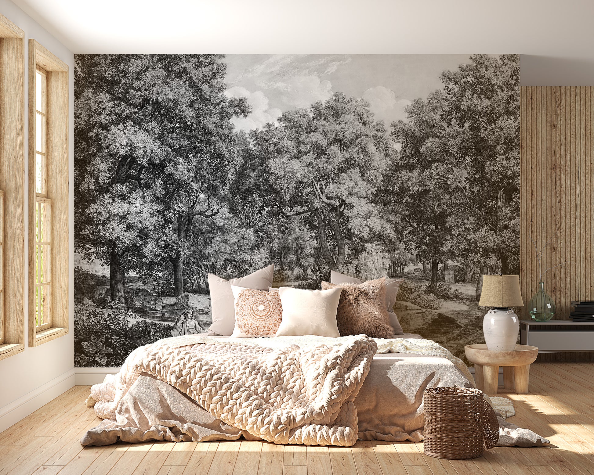 Black and White Lakeside Talk Wallpaper Mural - Giffywalls