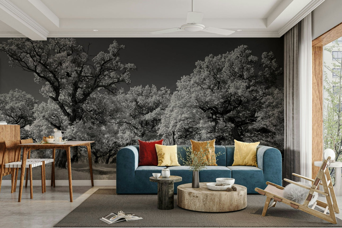 Tall trees in black and white mural
