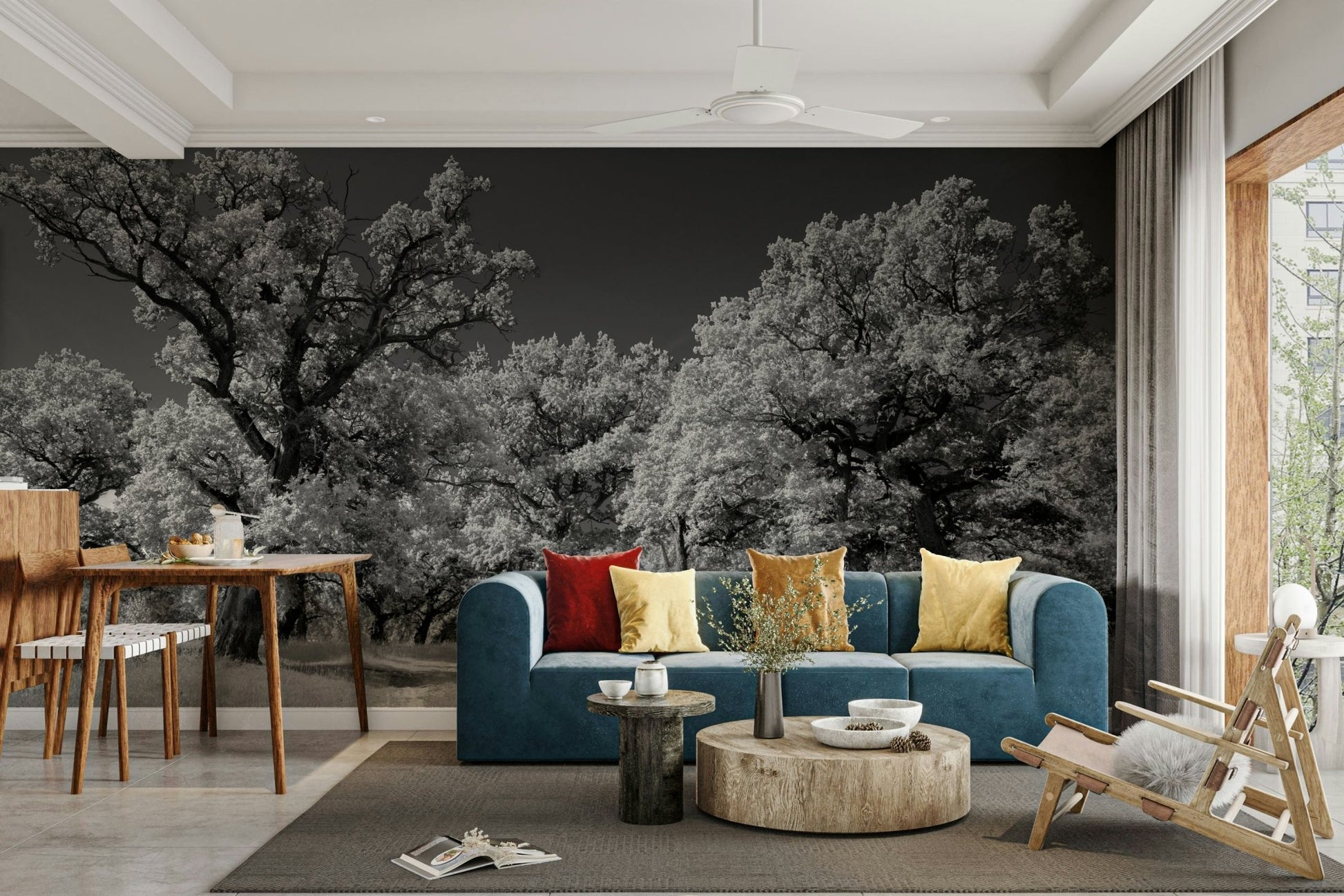 Tall trees in black and white mural
