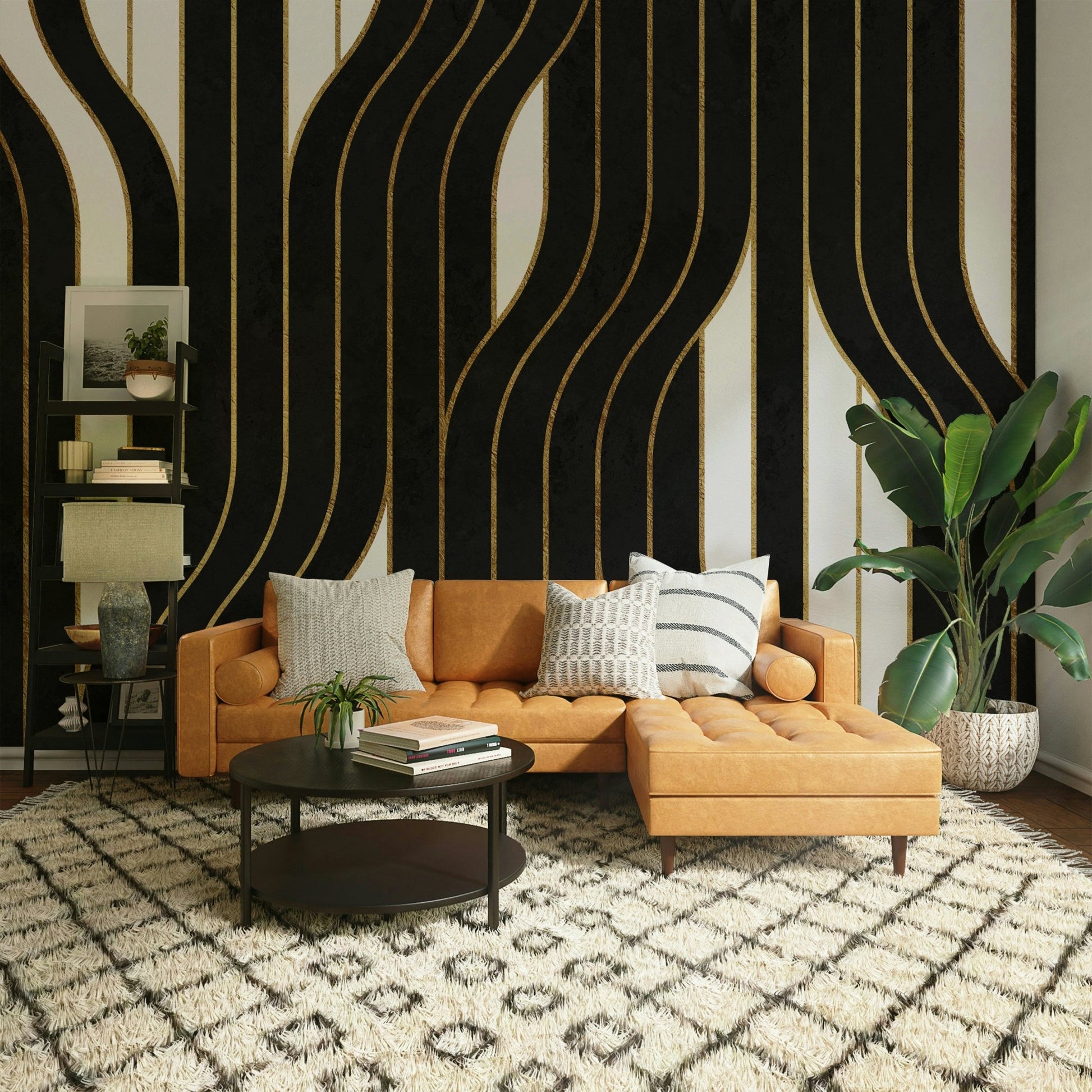 Bold black lines and soft white creating a refined, modern look

