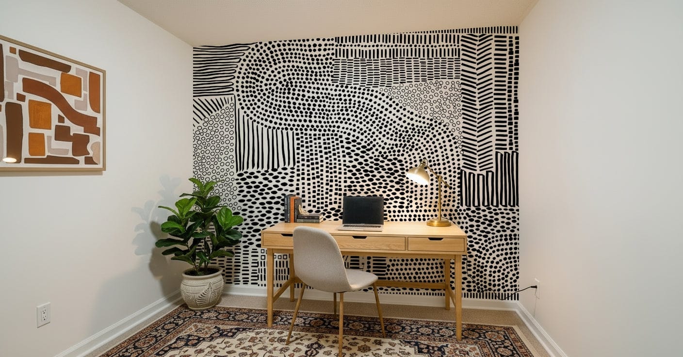 Black And White Maze wallpaper mural behind a wood desk and white chair in a home office
