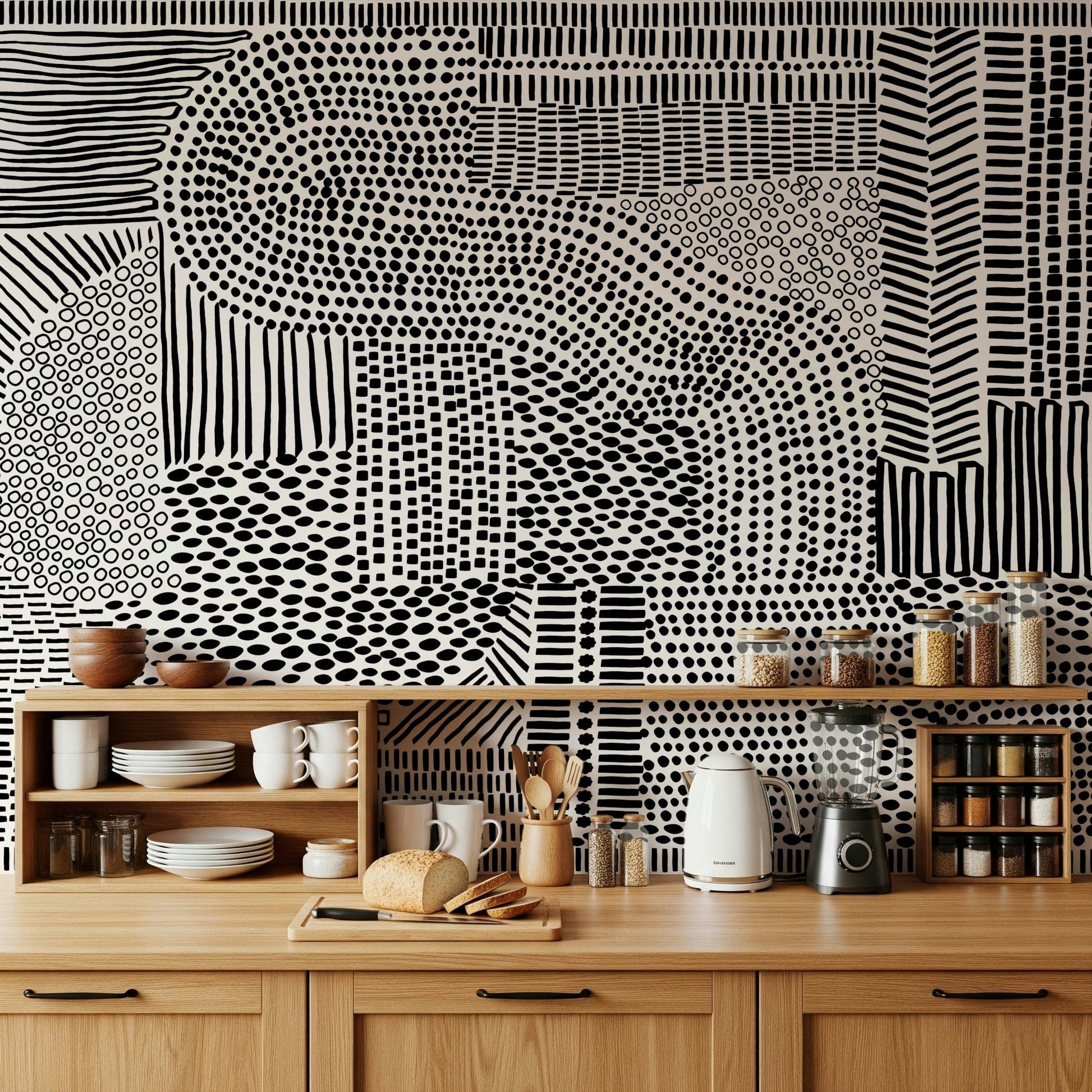 Black And White Maze wallpaper mural as a backsplash above wood kitchen counters with dishes