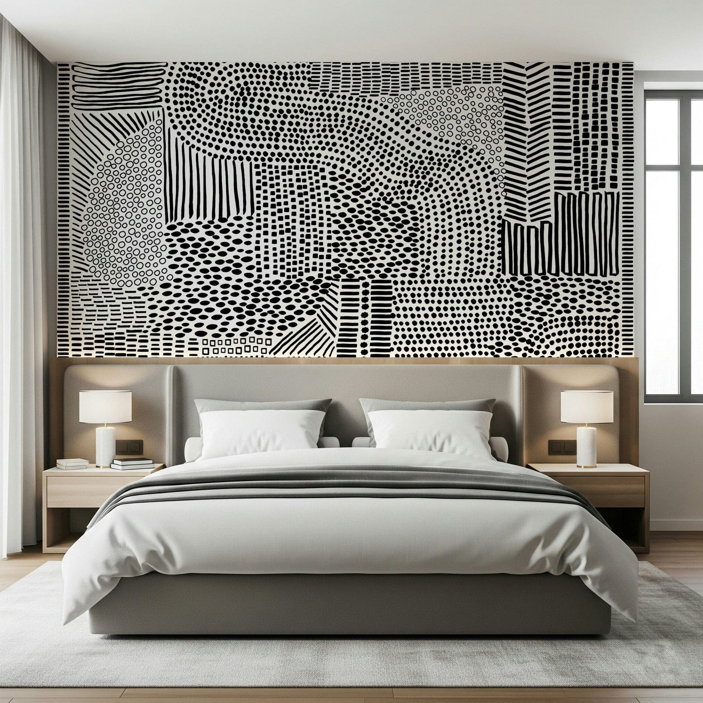 Black And White Maze wallpaper mural behind a gray upholstered bed with twin lamps in a bedroom