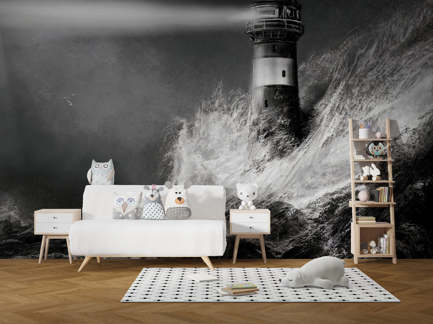 Peel and stick wallpaper featuring lighthouse in fierce waters