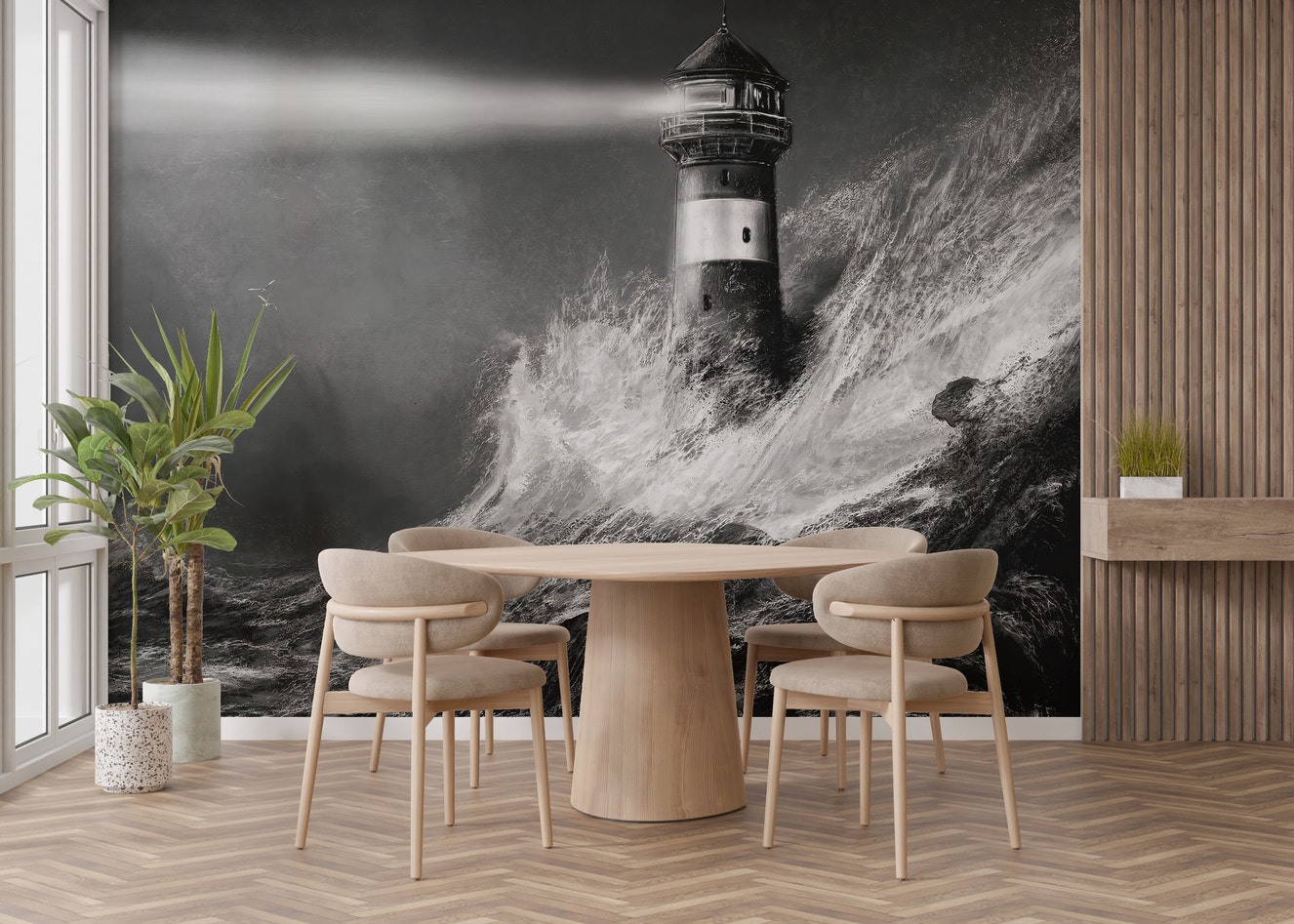 Stormy sea lighthouse black and white wallpaper
