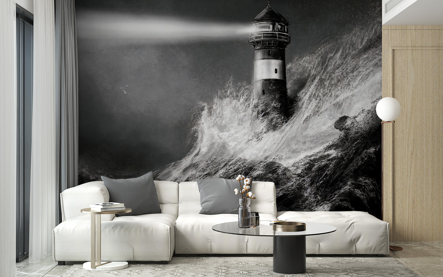 Black and white peel and stick lighthouse wallpaper design