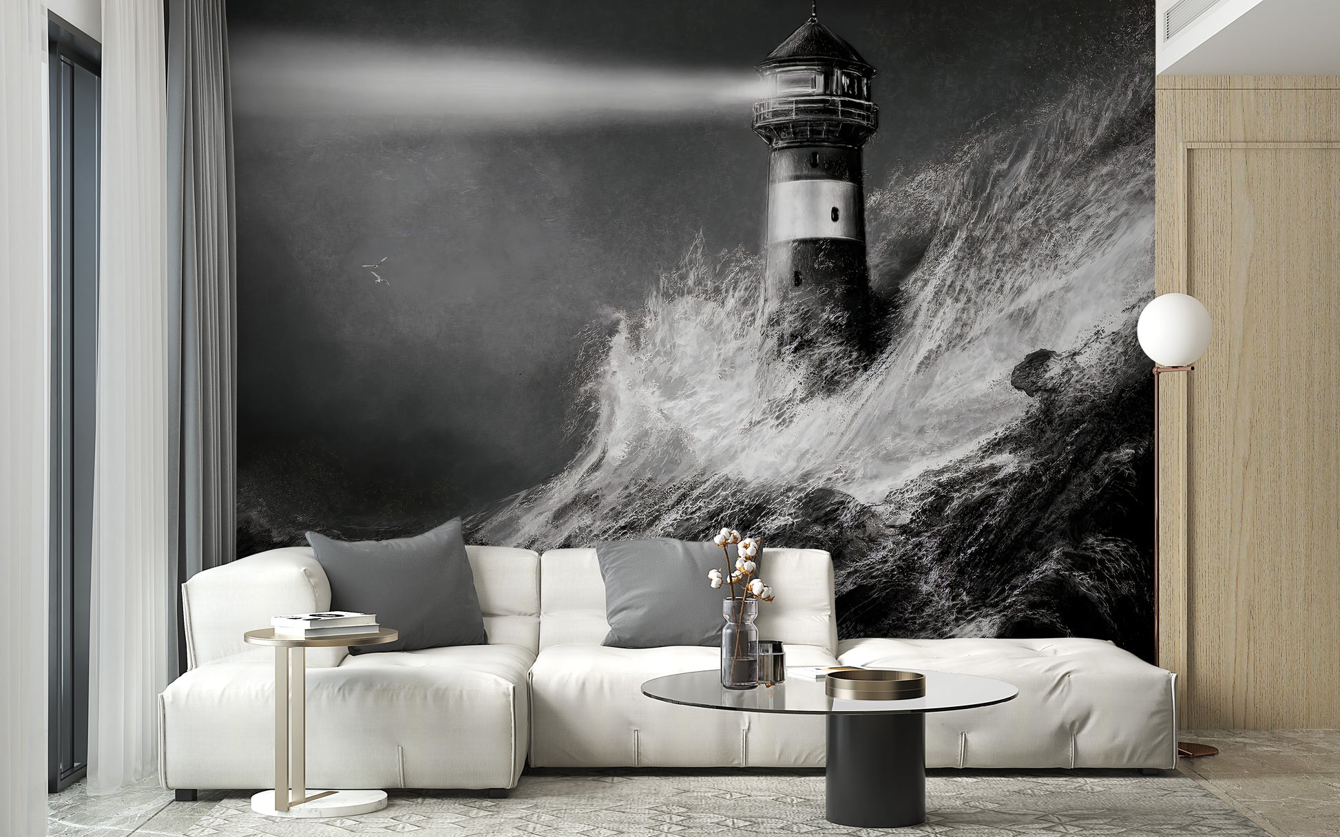 Black and white peel and stick lighthouse wallpaper design