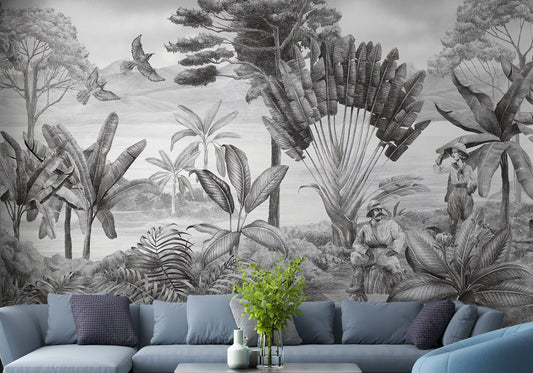 Black and white scenery wallpaper mural shown as a full feature wall that highlights the design