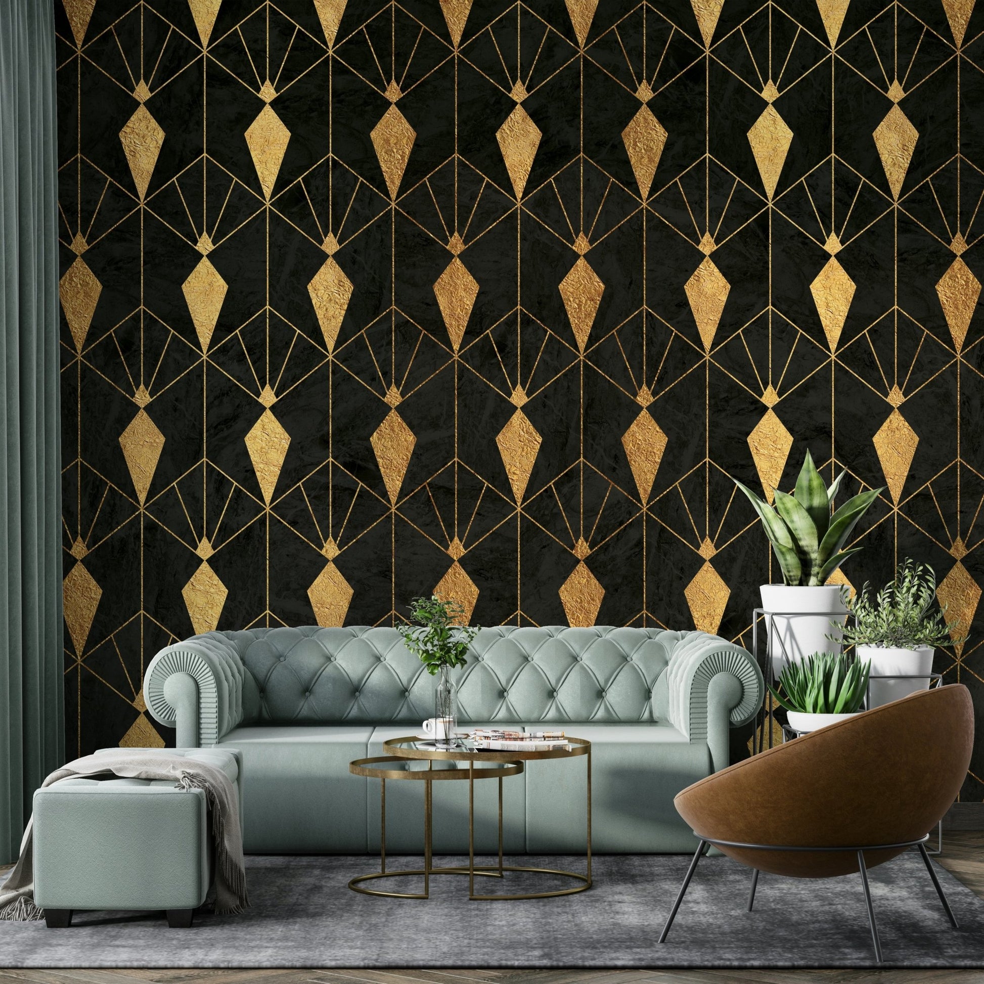 Intricate black and gold Art Deco wall mural for a bold effect


