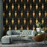 Intricate black and gold Art Deco wall mural for a bold effect

