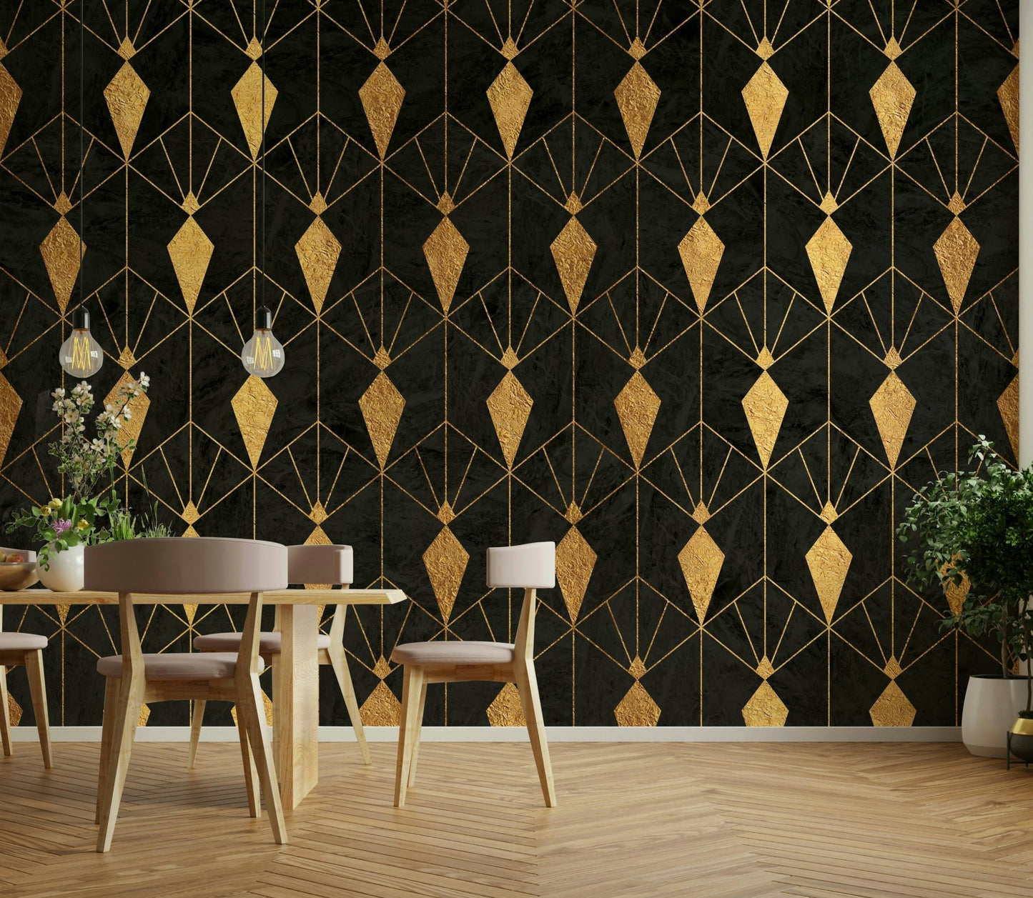 Opulent geometric mural in black and gold for a luxurious room

