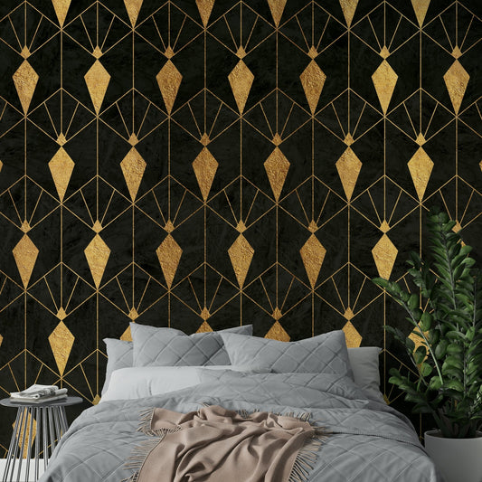 Black Art Deco Night mural with intricate geometric patterns

