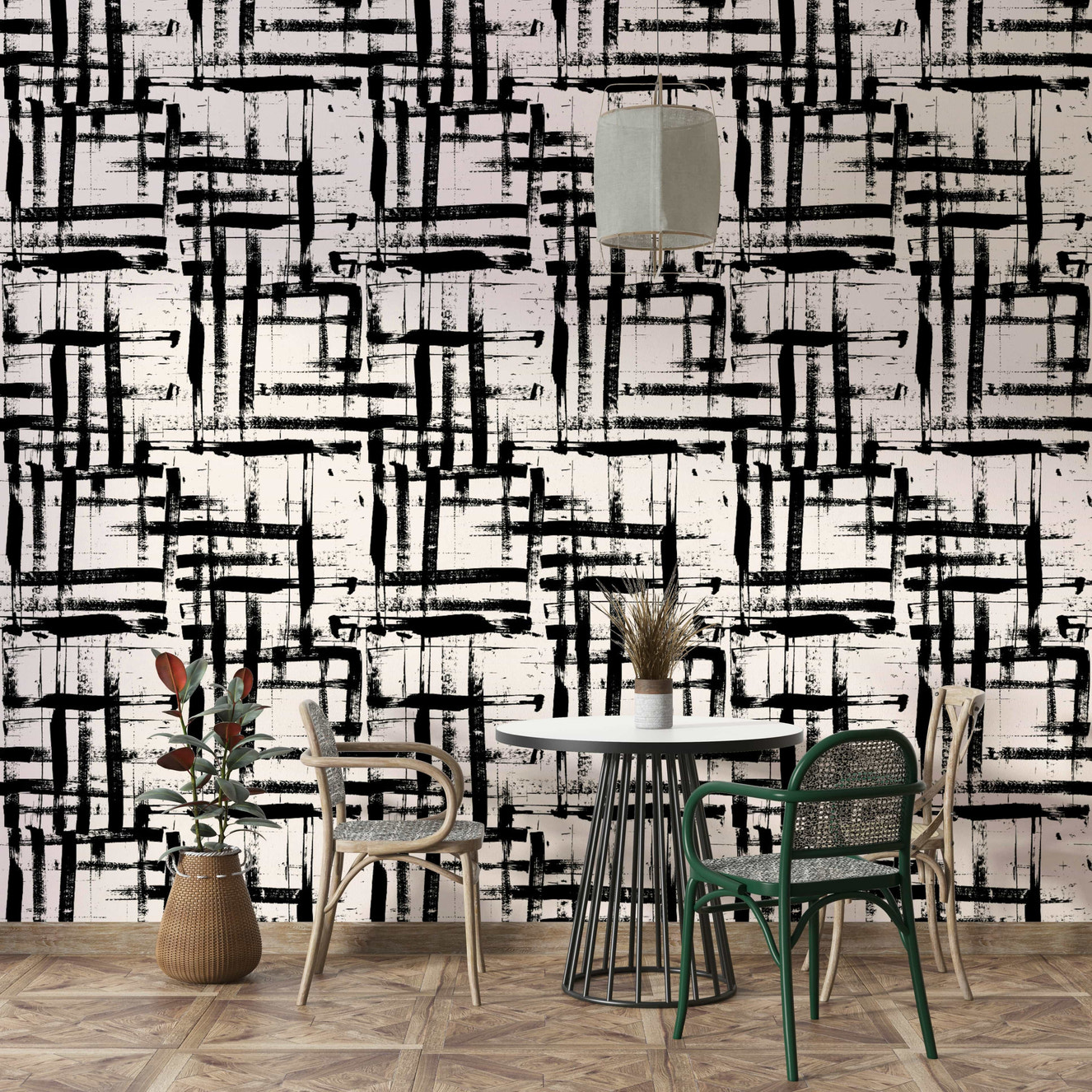 An angled shot of a wall with a painted wallpaper

