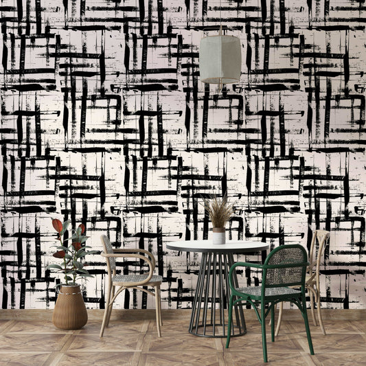 An angled shot of a wall with a painted wallpaper

