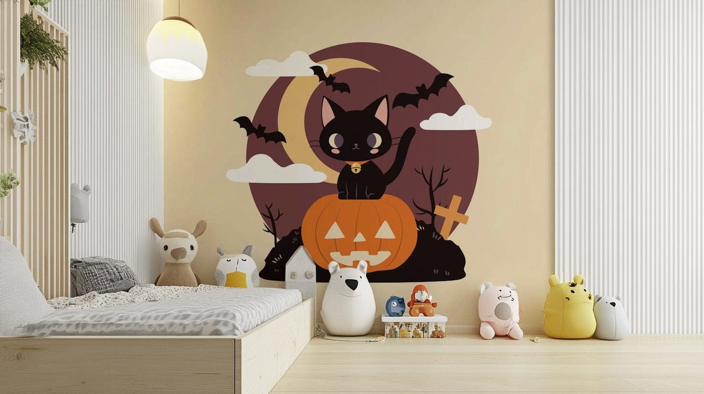 Spooky Black Cat on a Pumpkin graveyard wallpaper

