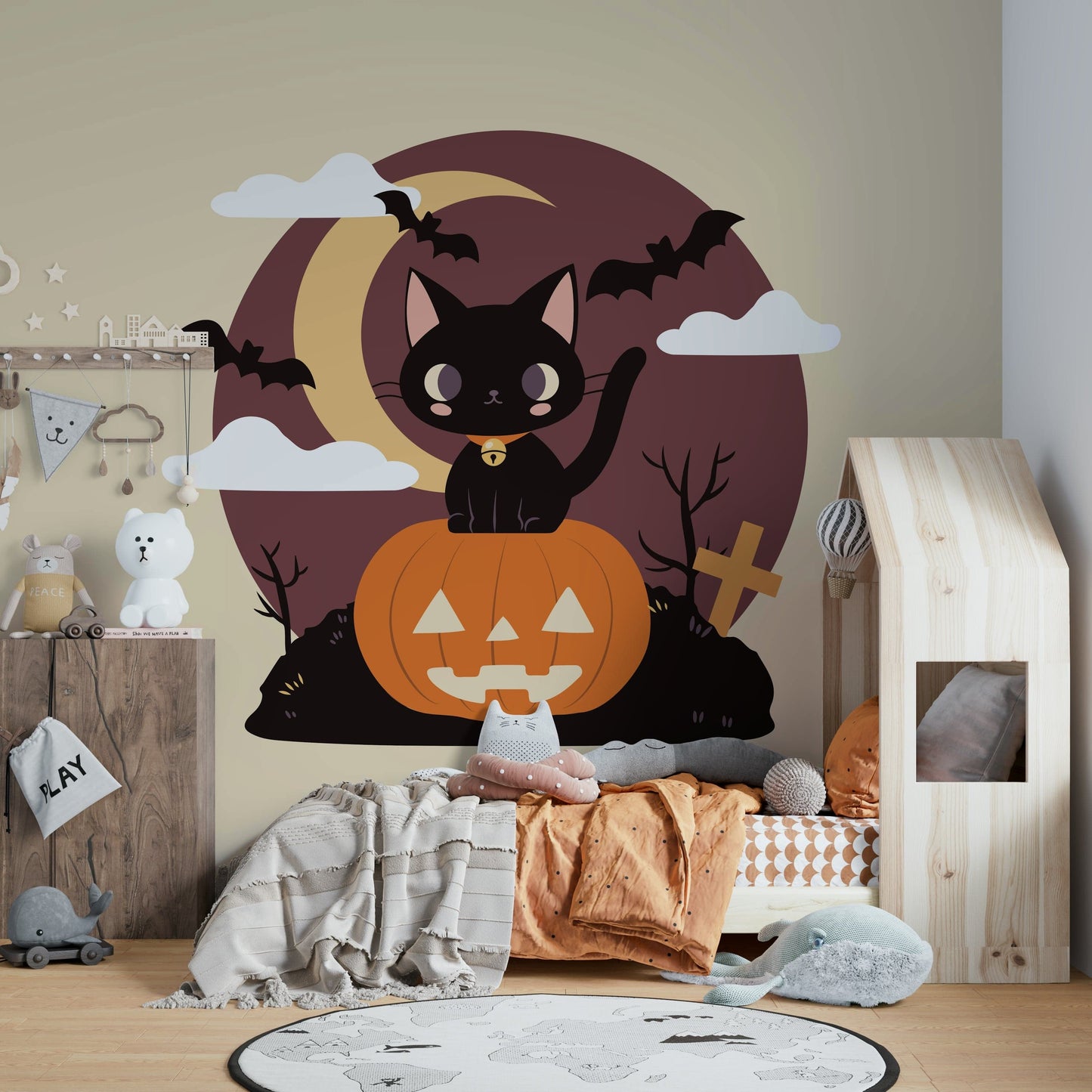 Spooky Black Cat on a Pumpkin ghost wall mural