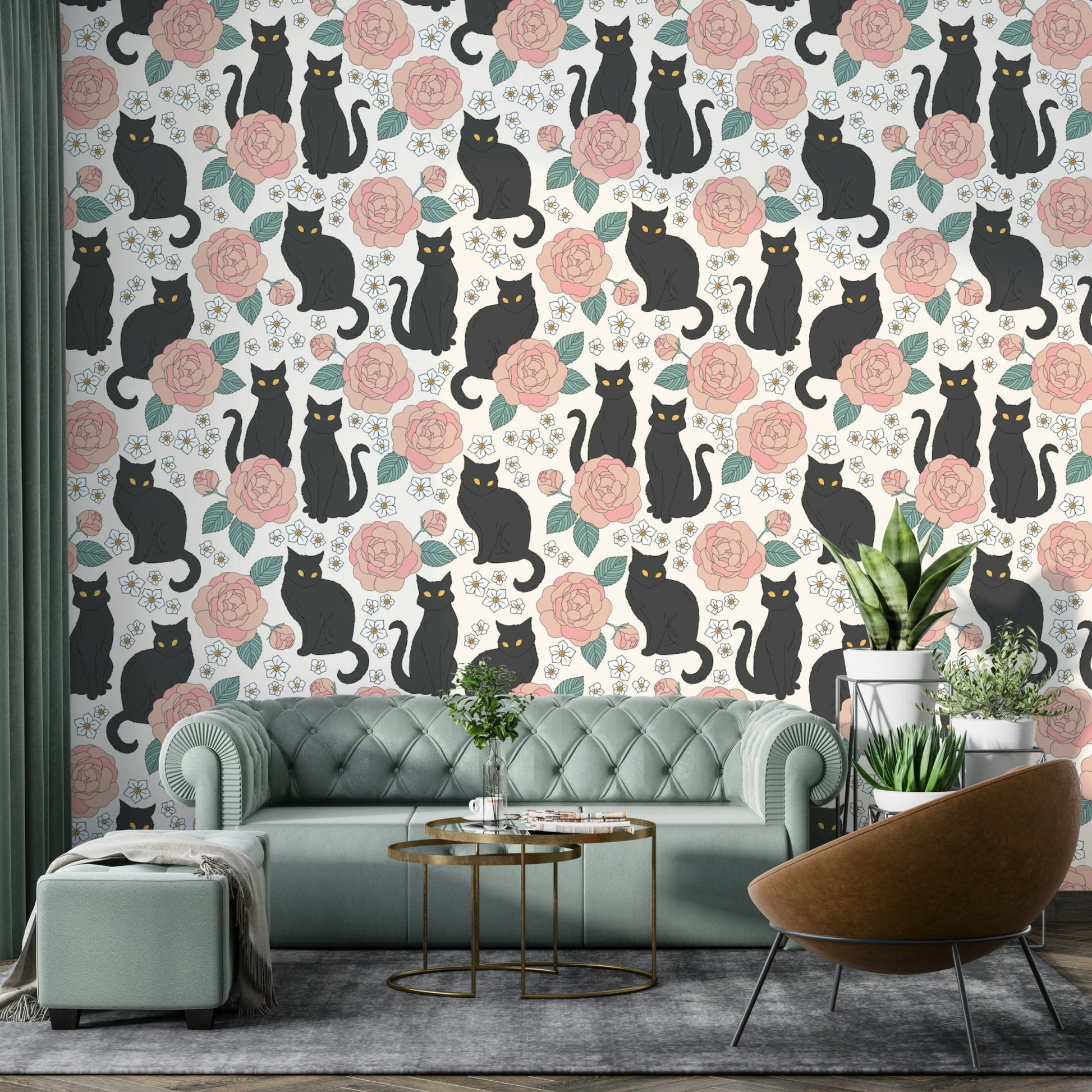 Features elegant black cats interacting with various floral and botanical elements.
