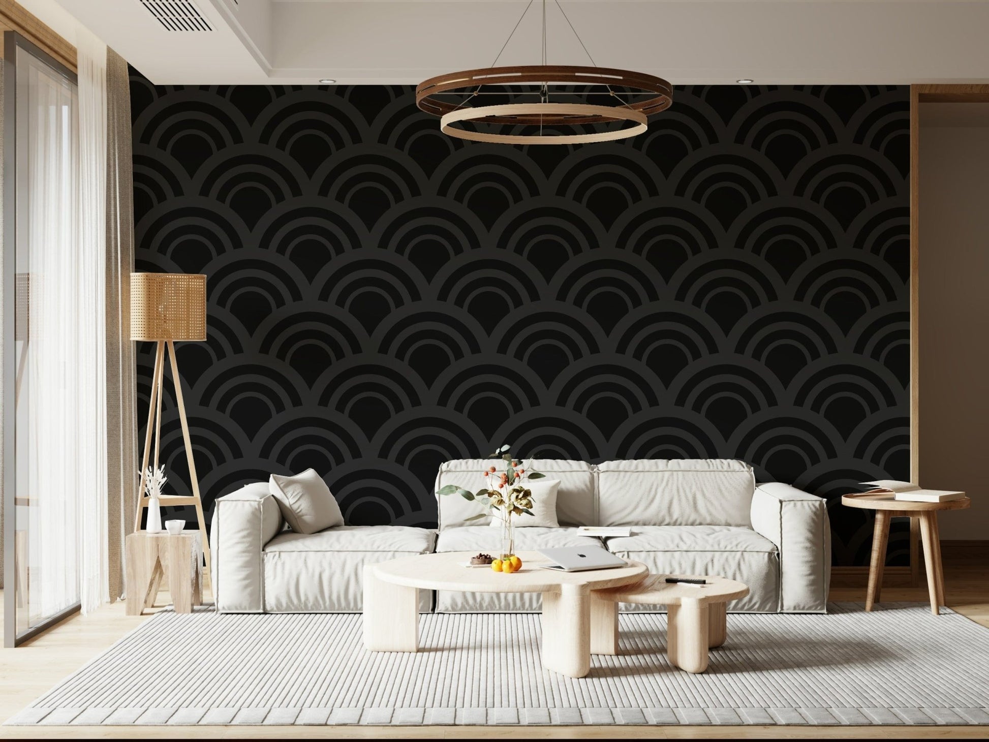 An abstract Black Charcoal Waves Wall Mural featuring flowing dark lines, creating a modern and sophisticated geometric wallpaper design.