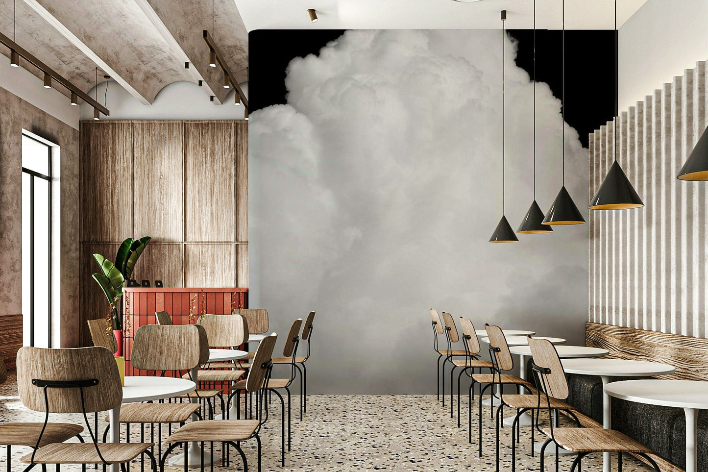 A peaceful open sky mural on decorative wallpaper.

