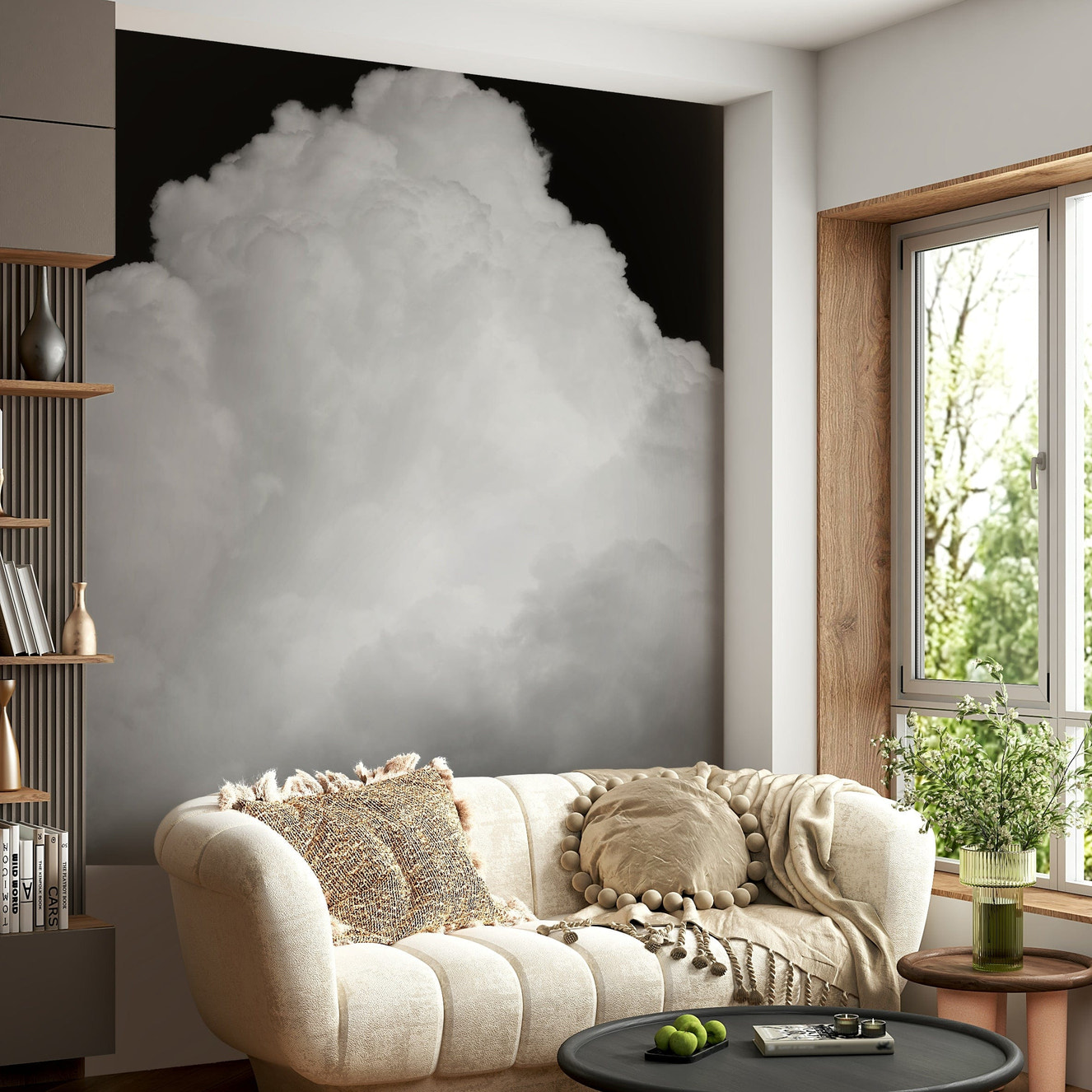 An artistic moody cloudscape mural on minimalist wallpaper.

