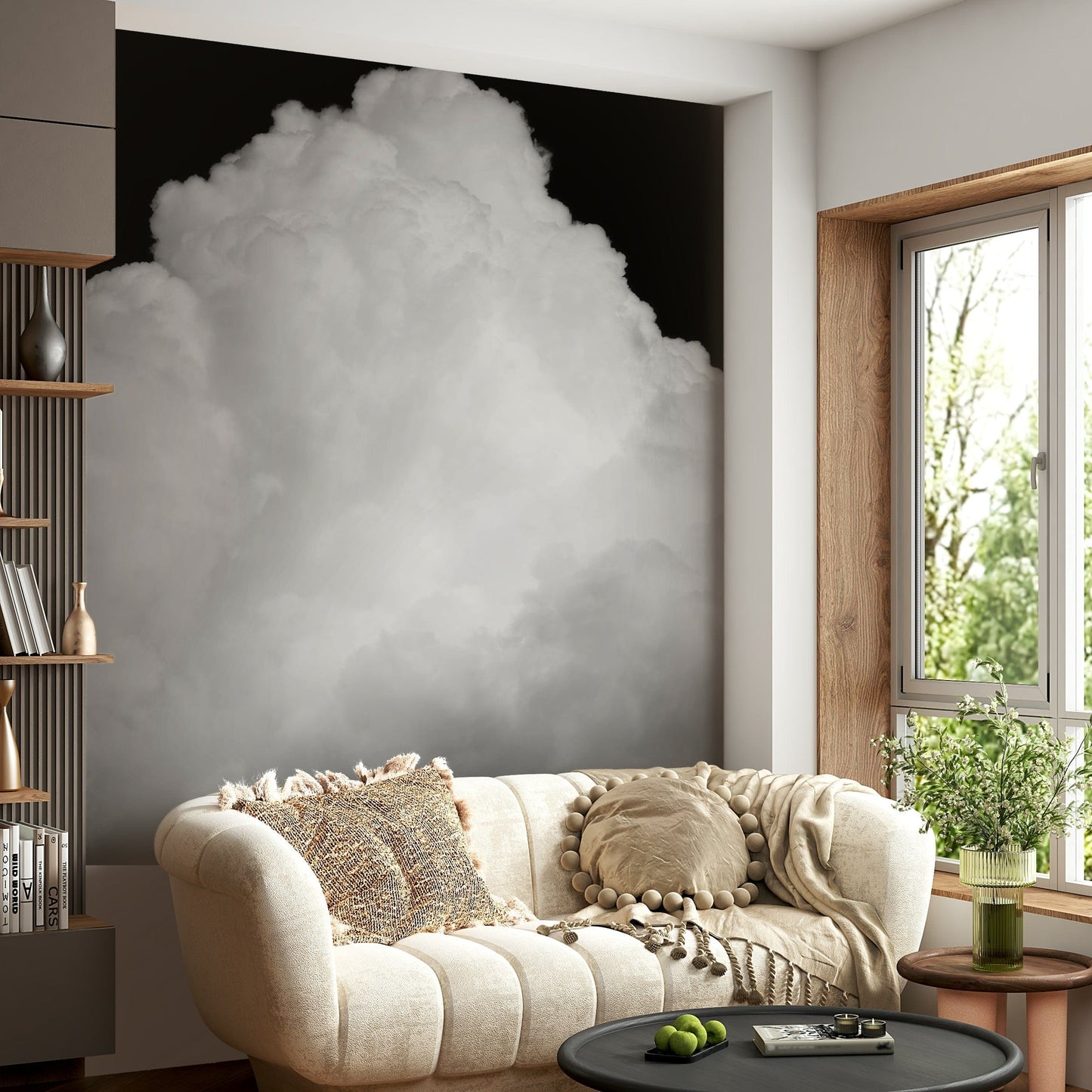 An artistic moody cloudscape mural on minimalist wallpaper.

