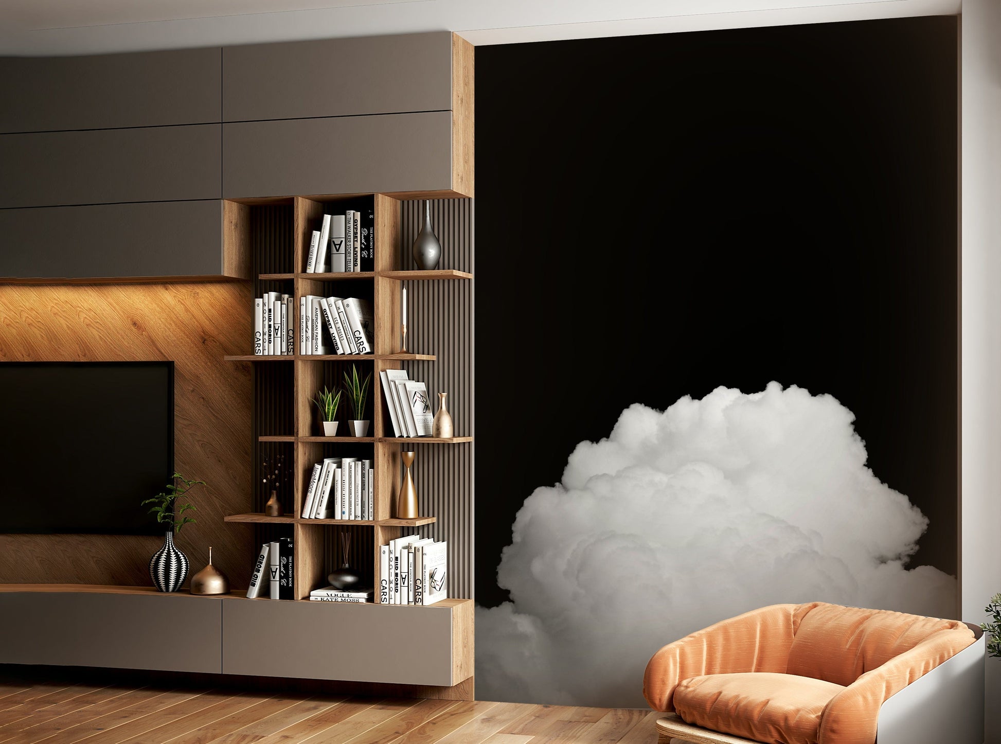 A peaceful moody sky mural on decorative wallpaper.


