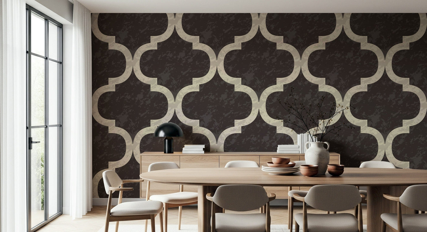 Rustic Moorish architectural mural wallpaper bold espresso cream curves.