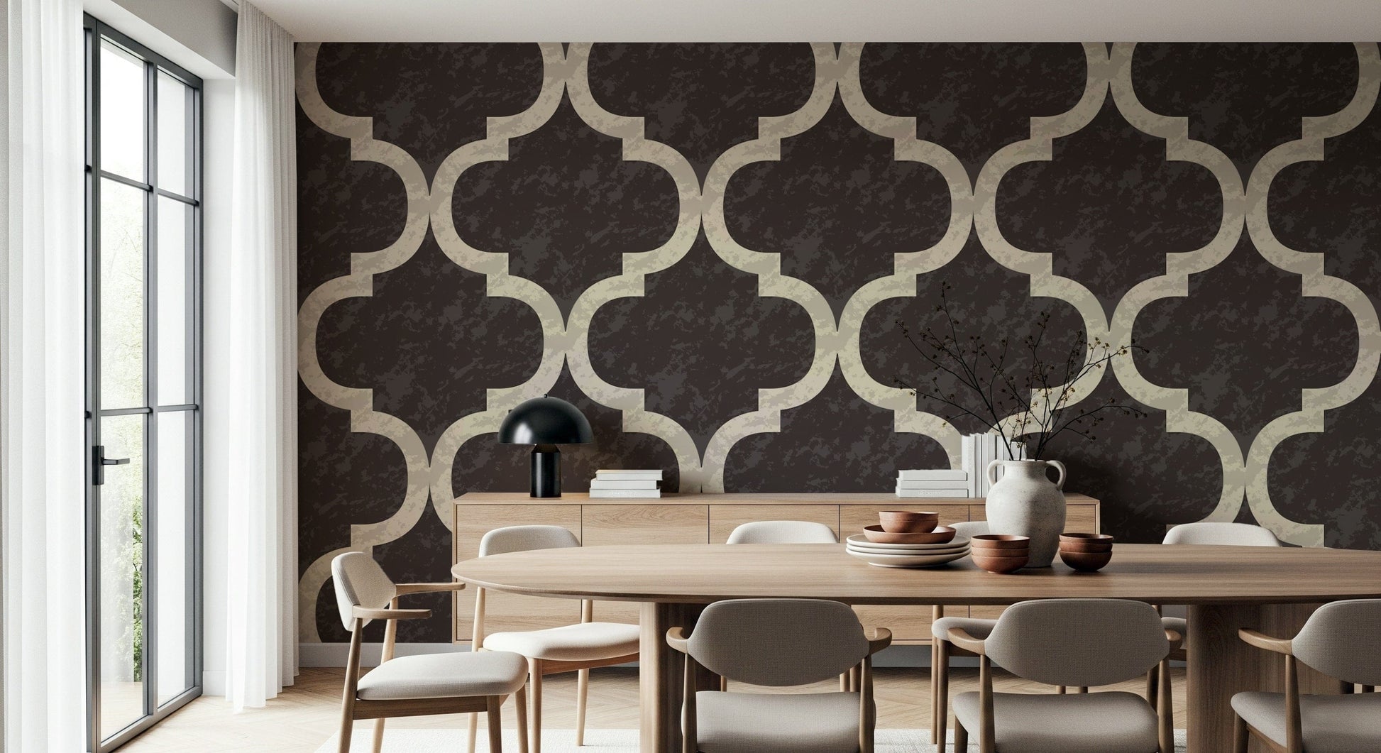 Rustic Moorish architectural mural wallpaper bold espresso cream curves.