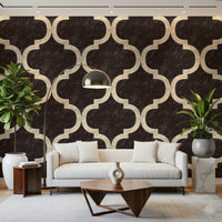 Exotic cocoa brown wall mural featuring cream trellis shapes.