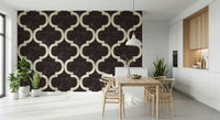 Moroccan Ogee Black Cocoa mural wallpaper dark geometric pattern.