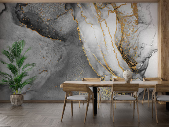 Black Gold Alcoholic Ink wallpaper mural shown as a full feature wall that highlights the design