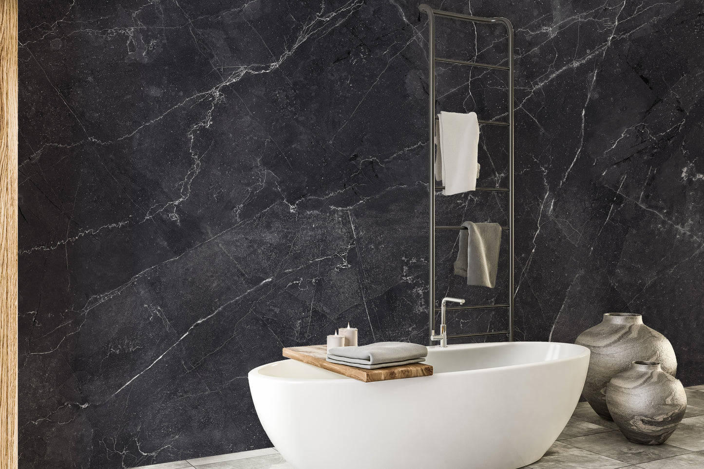 Black Gray Marble wallpaper mural behind a white freestanding bathtub and towel ladder in a bathroom