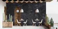 Black Gray Marble wallpaper mural in a cafe seating area with white chairs and potted cacti