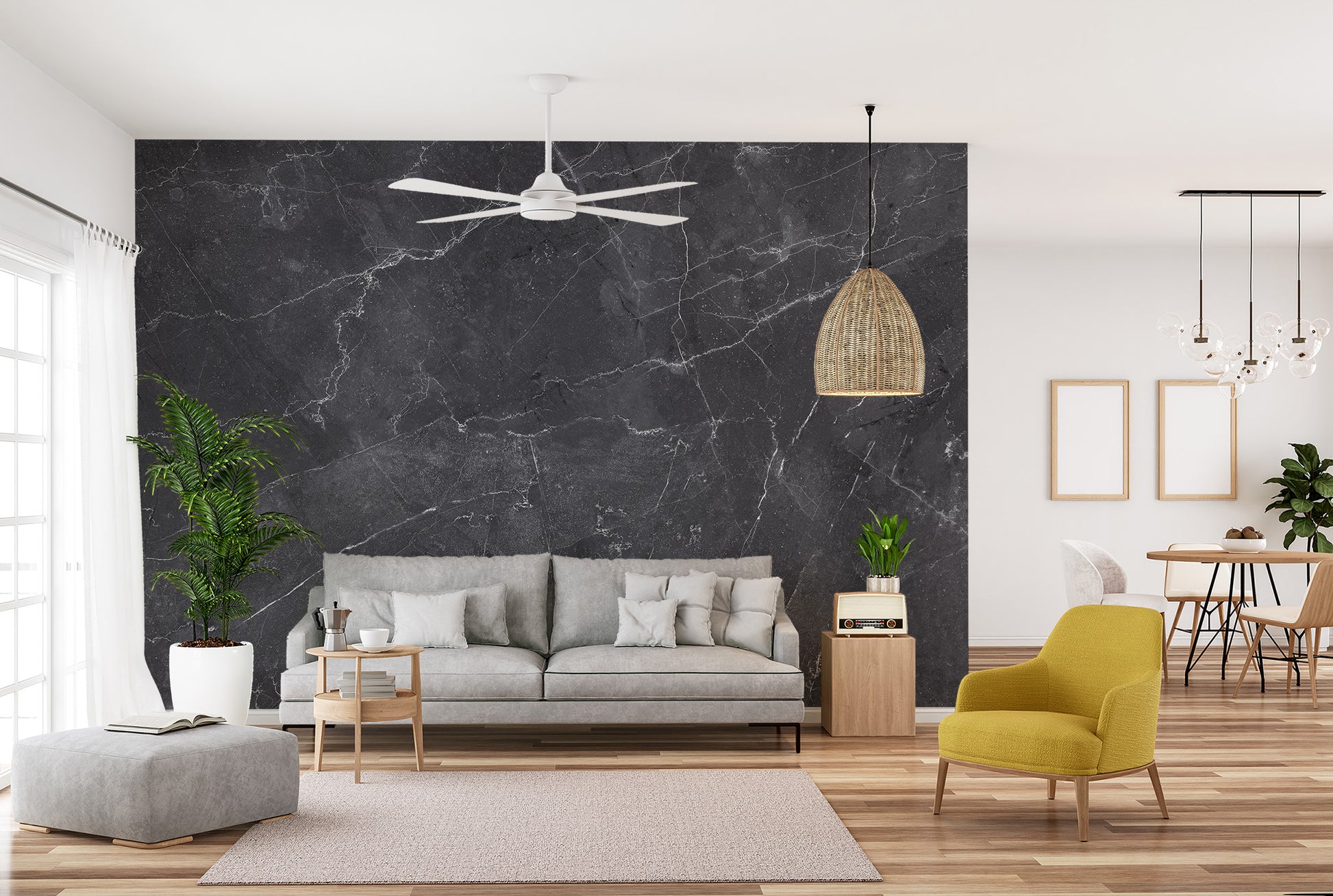 Black Gray Marble wallpaper mural behind a gray sofa and yellow armchair in a bright living room