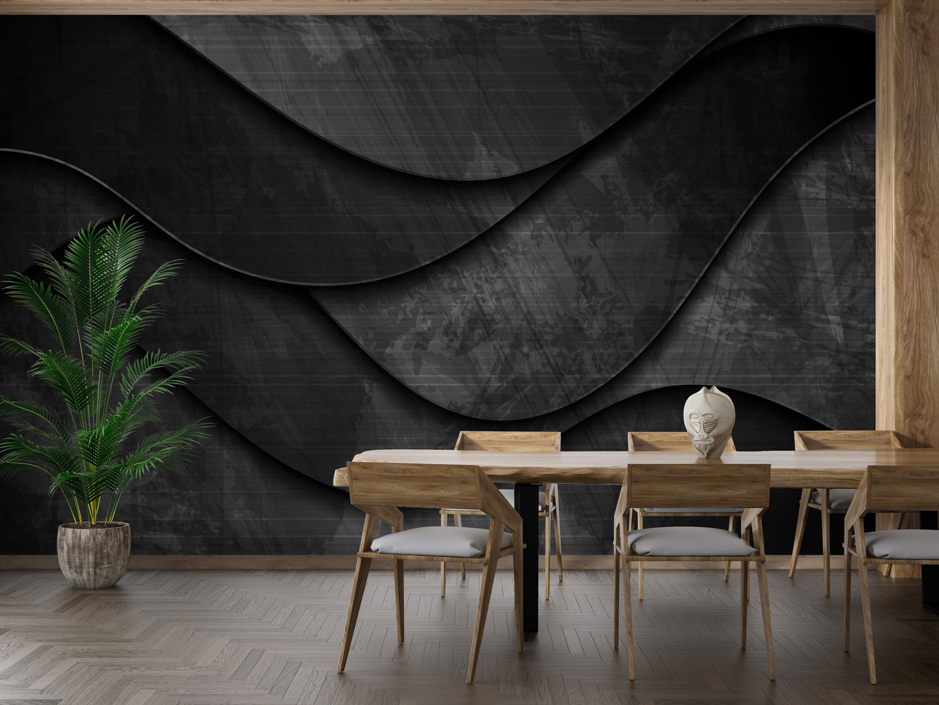 Black grunge 3D wave mural wallpaper.
