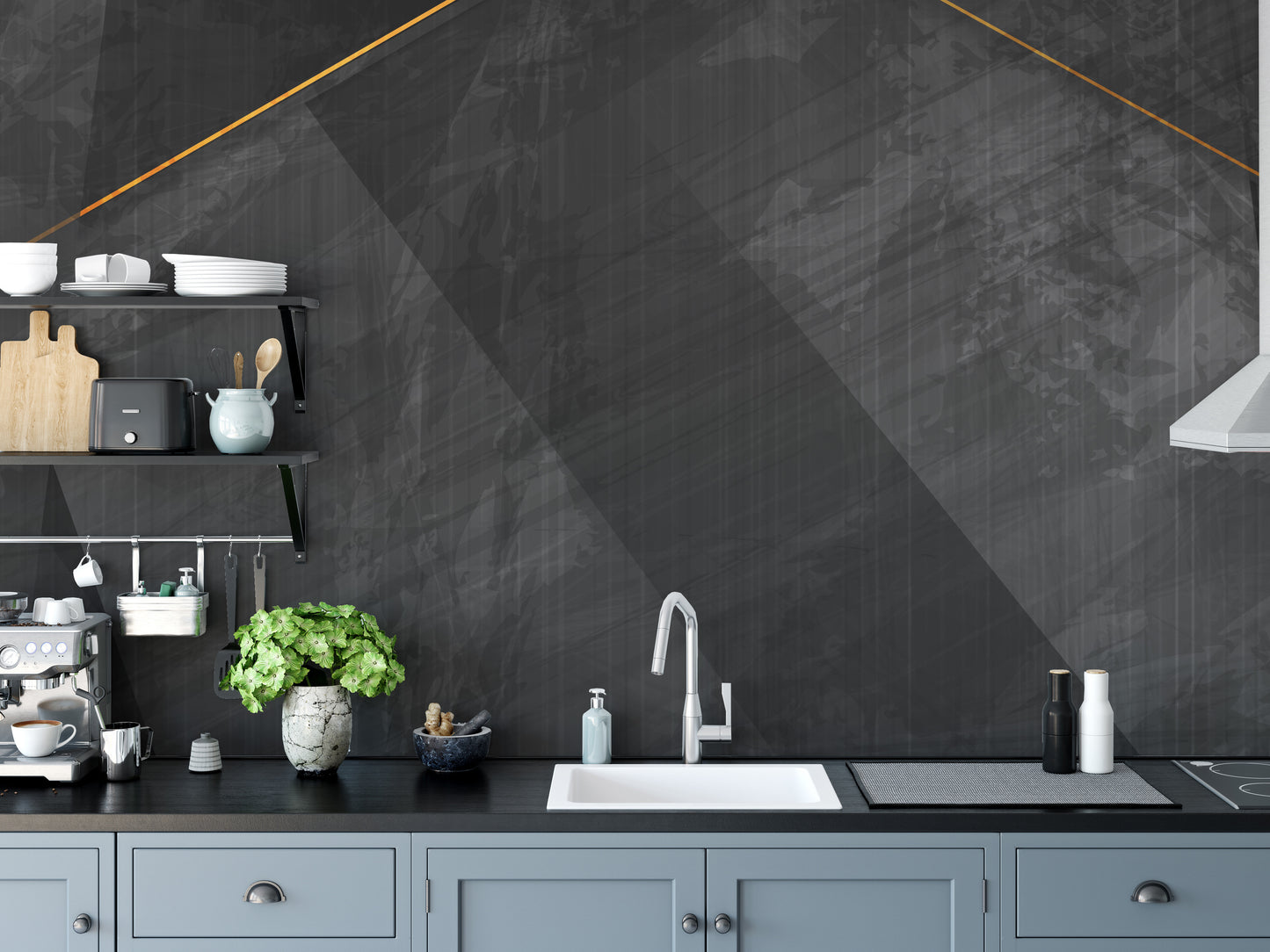 Gold streaked black wallpaper design.