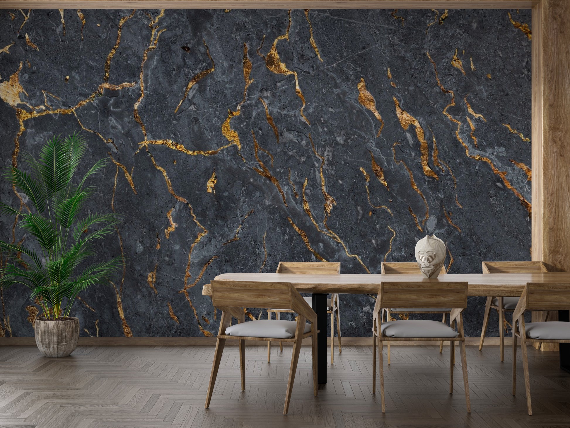 Textured black marble wall mural used in a cafe area.