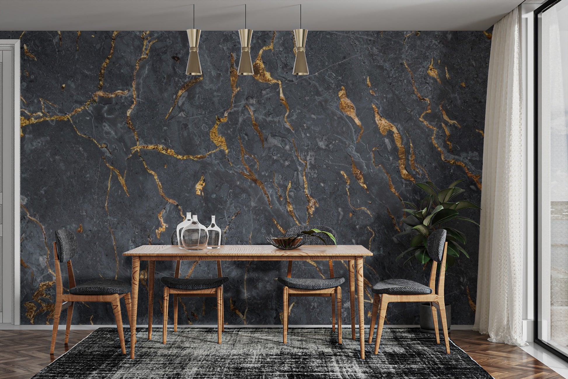 Removable dark stone wallpaper for walls in a sleek diningway.