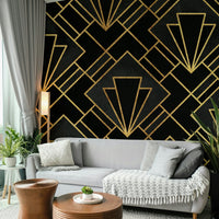 Black and gold Art Deco mosaic wallpaper for stylish rooms.

