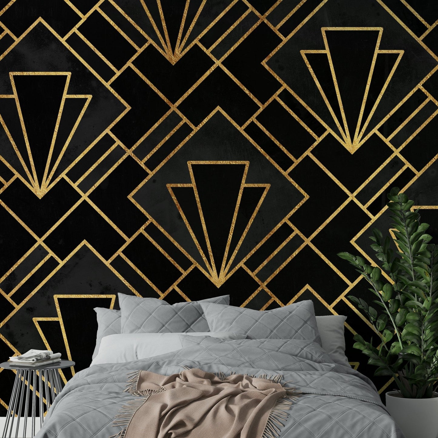 Luxurious geometric wall mural in black and gold tones.

