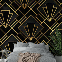 Luxurious geometric wall mural in black and gold tones.


