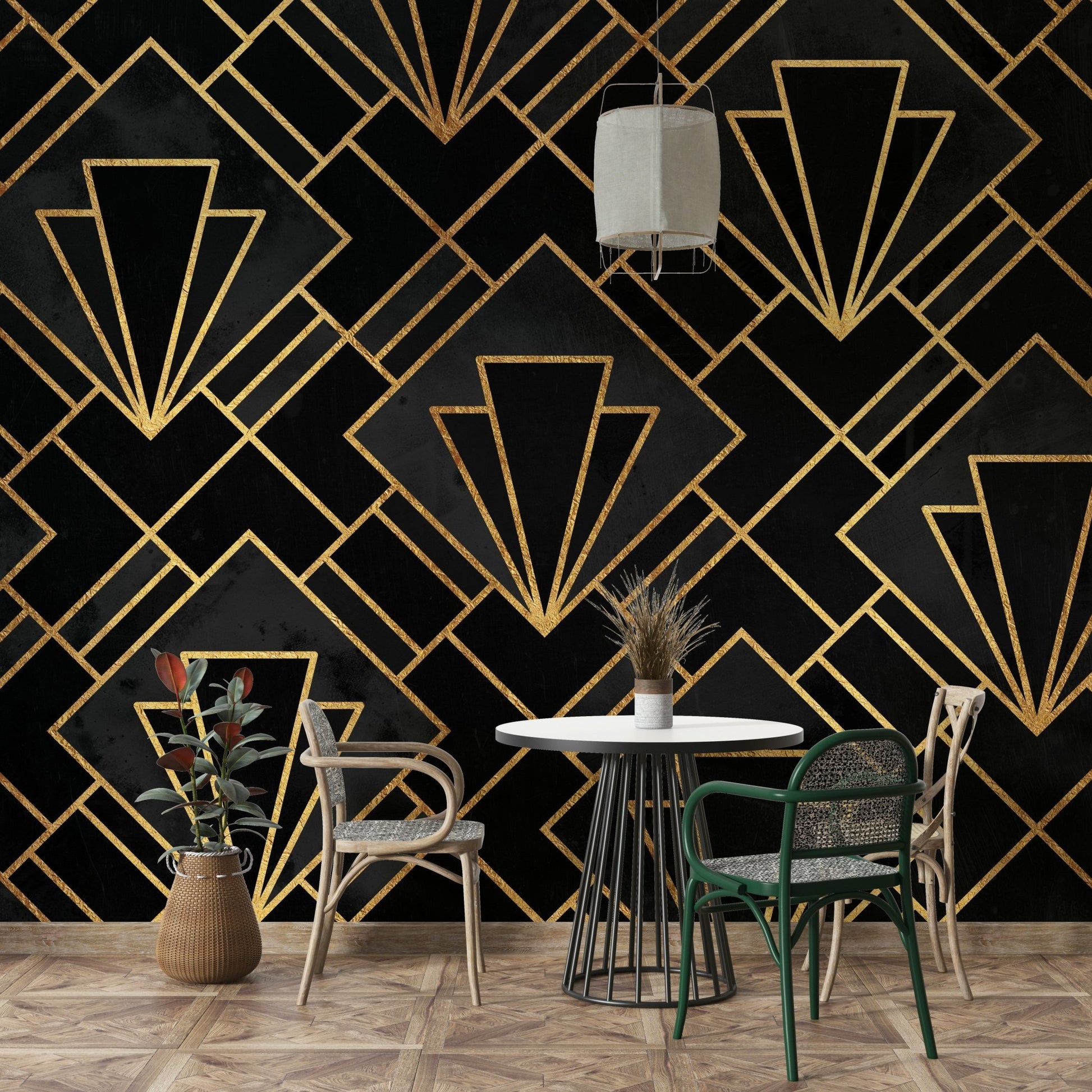 Intricate black and gold geometric wall mural for elegance.

