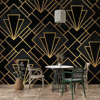 Intricate black and gold geometric wall mural for elegance.

