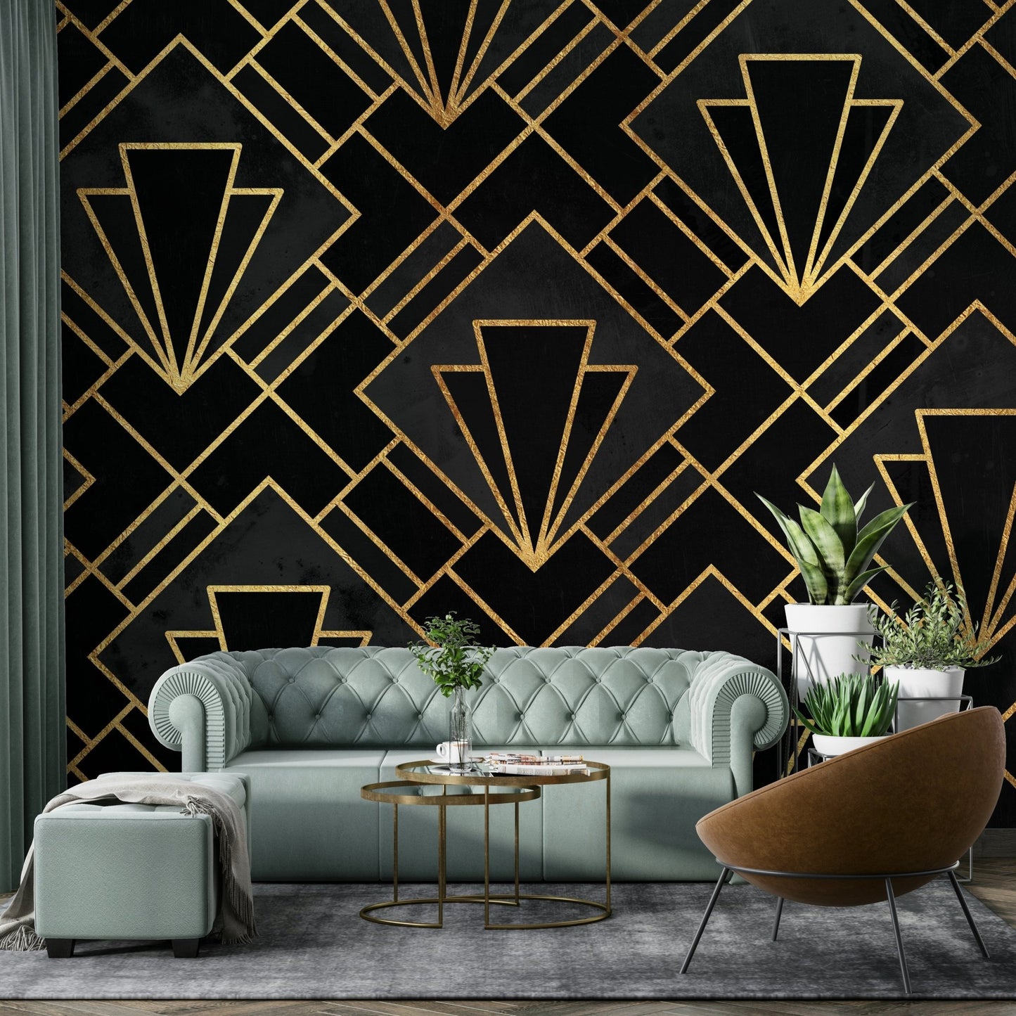 Sophisticated Art Deco wall mural with gold geometric accents.

