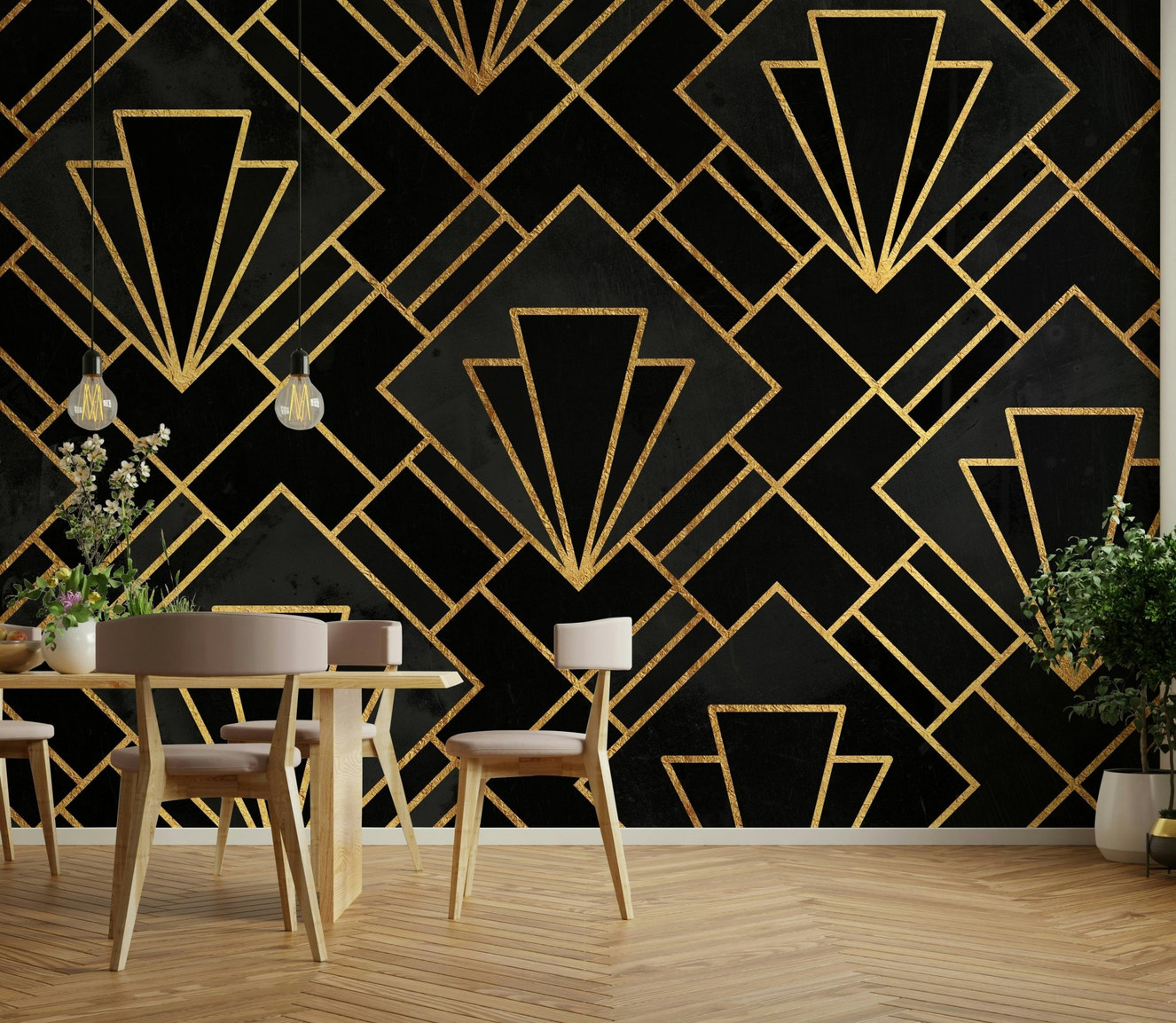 Black Night Art Deco Mosaic Wall Mural with geometric design.

