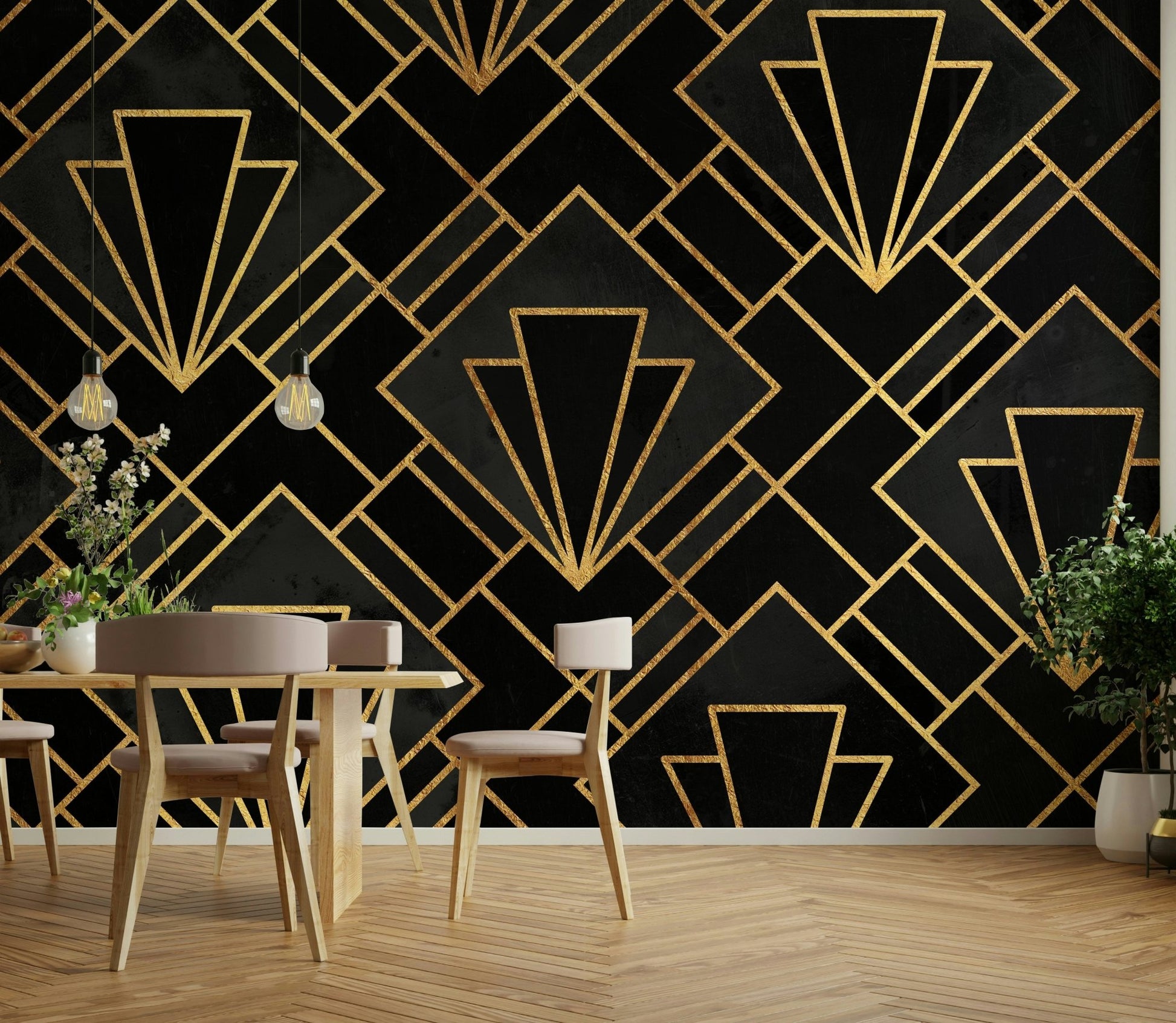 Black Night Art Deco Mosaic Wall Mural with geometric design.


