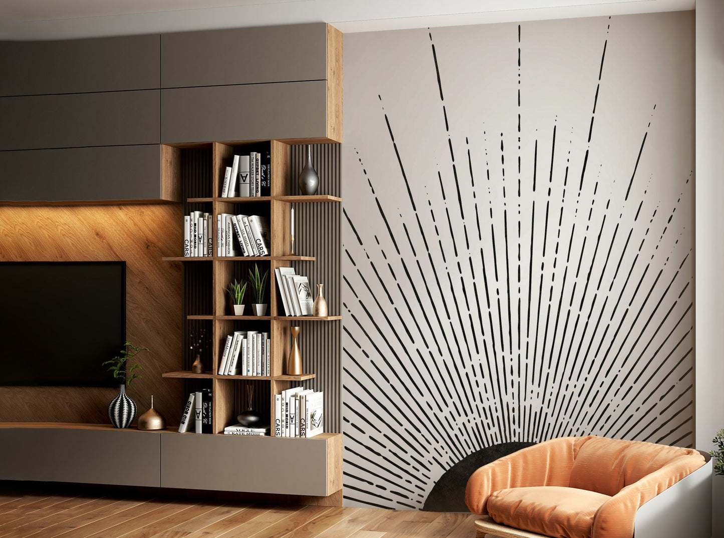 Unique black sun rays mural adding a touch of dramatic elegance to any room.

