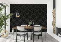 Black Charcoal Waves Wall Mural depicting abstract, flowing curves in shades of grey and black, a perfect example of modern geometric wallpaper.